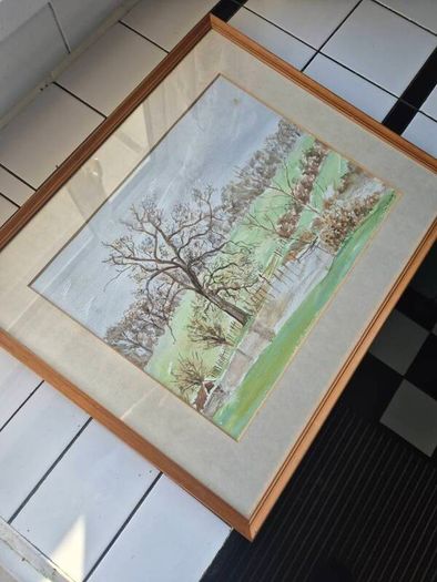 Tom Dunlop.Vintage watercolour by Tom Dunlop painting wood and glass framed