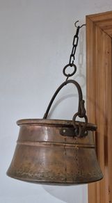 Antique Hand-Hammered Copper Cauldron Pail with Original Hanging Chain 19th Century Hearth Ware