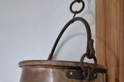 Antique Hand-Hammered Copper Cauldron Pail with Original Hanging Chain 19th Century Hearth Ware