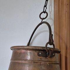 Antique Hand-Hammered Copper Cauldron Pail with Original Hanging Chain 19th Century Hearth Ware