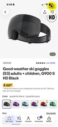 Wedze Ski Goggles(S3) G900 HD BLACK