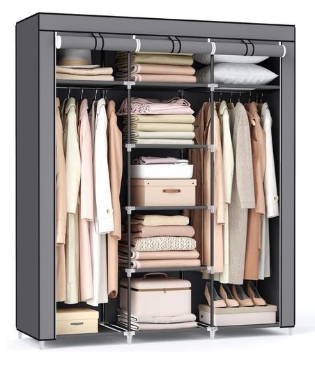 SONGMICS Canvas Wardrobe Bedroom Furniture Cupboard Clothes Storage Organiser Gray 175 x 150 x 45 cm RYG12G, Gery
