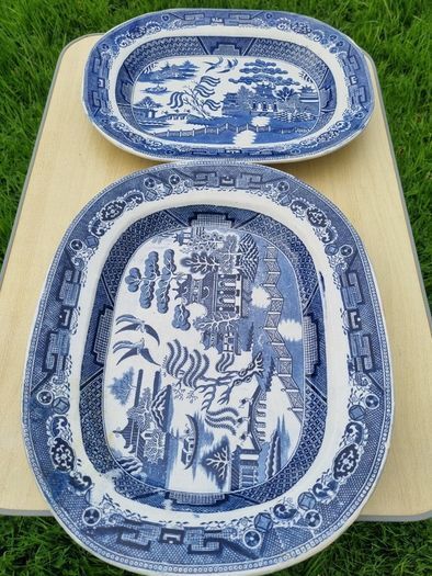 Two large Blue & White Willow Pattern Plates