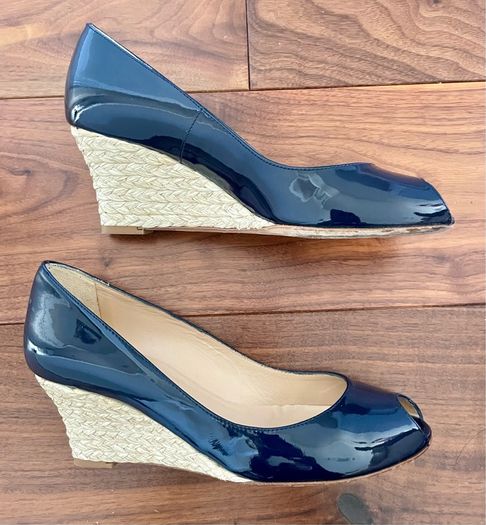LK Bennett Eevi Navy Patent Espadrille Wedges