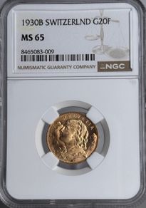 1930B Switzerland G20 Francs Gold Coin MS65