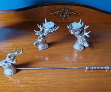 2 Stag design tealight holders and 1 candle snuffer by Kenneth Turner, London.