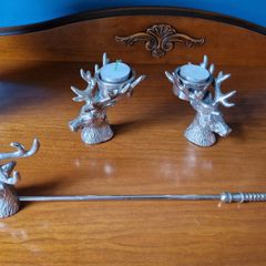 2 Stag design tealight holders and 1 candle snuffer by Kenneth Turner, London.