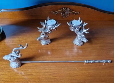 2 Stag design tealight holders and 1 candle snuffer by Kenneth Turner, London.