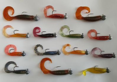 No#20 - New - Set of 14pcs mix colour Mini soft lures 5cm and 7cm on jig heads No 1/0 and 2/0 - Pike Perch Trout Salmon Bass Cod Pollock