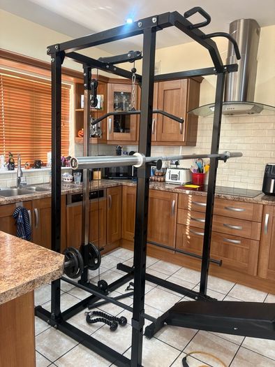 Beautiful Olympic Power Rack + Full Size Integrated Cable System, Olympic Weight, Dumbbells, Bench +