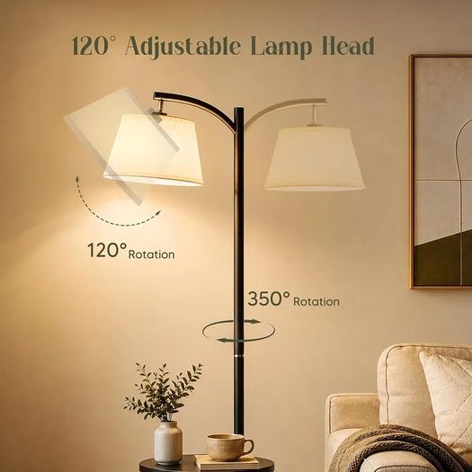 Floor Lamp with Shelf, 160cm, 3 Light Colours, E27 60W Vintage shelf lamp with 120 adjustable head, foot switch, linen shade, E27 up to 60W for home & office