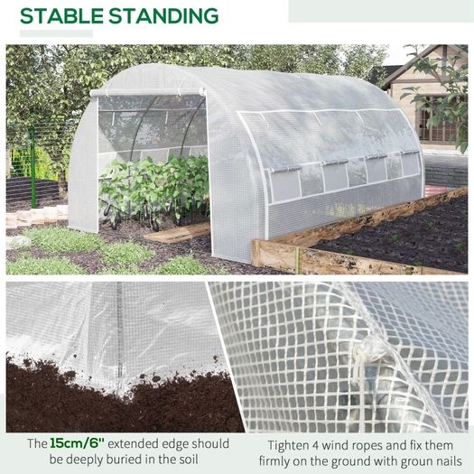 4 x 3 x 2 m Polytunnel Greenhouse w/ Roll-up Side Walls, Steel Frame Walk-in Grow House Tent w/ Zippered Door and 8 Windows and Reinforced Cover for Garden and Backyard, White