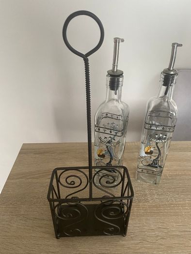 Reduced Set of tall oil and vinegar bottles in stand