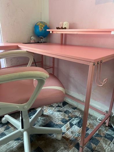 L Shaped Desk with Power Outlets & LED Lights & Pink Gaming Chair for Girls