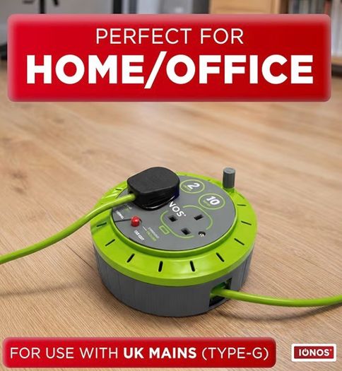 2 Socket Cable Reel, 10m, Green Extension Lead, 13A with Thermal Cut Out, Heavy Duty Outdoor Extension Lead