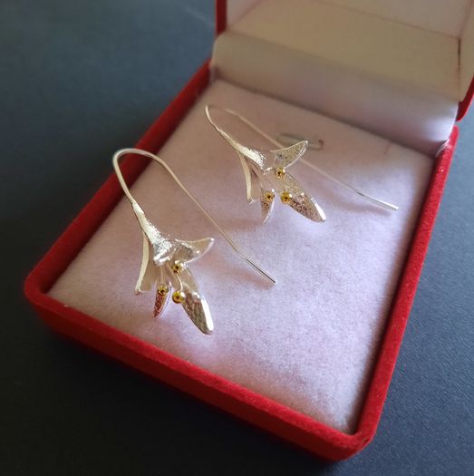 Fuchsia Flower Earrings Silver and Gold Tone Floral Drops Dangle Earrings