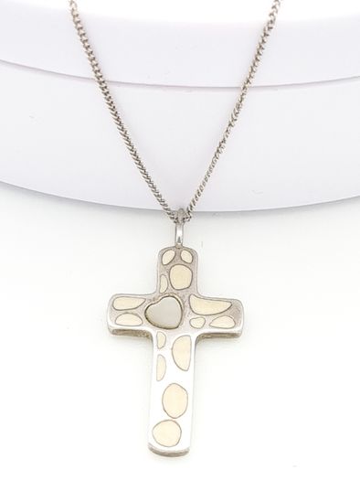 Signed Sterling Silver Cross Necklace, Mother Of Pearl Accent