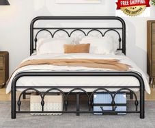 4ft6 Double Bed Frame with High Headboard and Footboard,Vintage Platform Bed Double,Heavy Duty Metal Platform,Steel Slat Support,No Box Spring Needed,Easy Assembly,Black