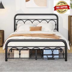4ft6 Double Bed Frame with High Headboard and Footboard,Vintage Platform Bed Double,Heavy Duty Metal Platform,Steel Slat Support,No Box Spring Needed,Easy Assembly,Black