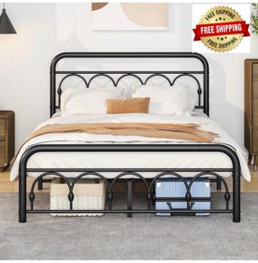 4ft6 Double Bed Frame with High Headboard and Footboard,Vintage Platform Bed Double,Heavy Duty Metal Platform,Steel Slat Support,No Box Spring Needed,Easy Assembly,Black
