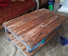Industrial Reclaimed Wood Coffee Table with Blue Iron Frame