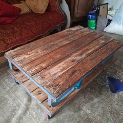 Industrial Reclaimed Wood Coffee Table with Blue Iron Frame