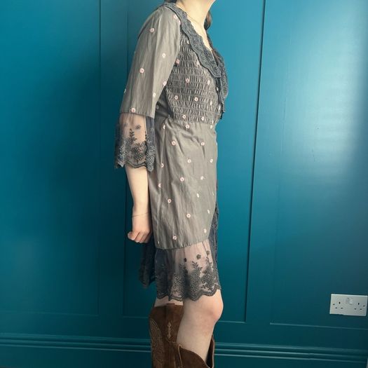 Odd Molly Grey lace & pink embroidered dress. Size 8/10