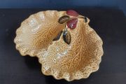 Delightful Two Sectioned Dish with the Texture of a Cabbage Leaves with a Leaf and Pear Decoration and Finial, By Crown Devon, Circa 1940, Funky MCM Chic