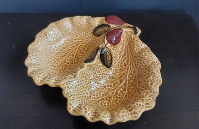 Delightful Two Sectioned Dish with the Texture of a Cabbage Leaves with a Leaf and Pear Decoration and Finial, By Crown Devon, Circa 1940, Funky MCM Chic