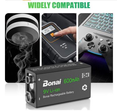 BONAI Rechargeable 9V Batteries 600mAh High Capacity 9V Rechargeable Batteries,(4 Pack)