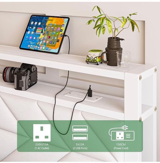 4ft6 Floating Double Bed Frame Upholstered Platform Bed with Storage Shelf Headboard,Charging Station/LED Lights,Metal Slat Support/Noise Free,No Box Spring Needed,135x190 Double Size,White