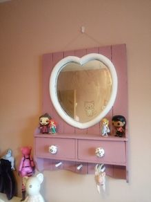 rustic heart shaped mirror with shelf, drawers and hooks