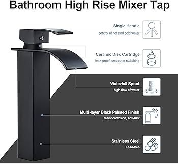 Waterfall High Rise Black Basin Mixer Taps, Square Monobloc Basin Tap, Single Handle Bathroom Sink Mixer Tap
