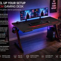 Gaming Desk with LED Lighting, PC Holder & Accessories 140 cm