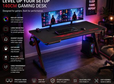 Gaming Desk with LED Lighting, PC Holder & Accessories 140 cm