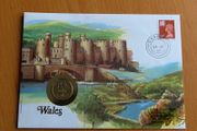 WALES vintage collectable 1990 1 Pound Coin &amp; 24p Welsh Stamp Castle Cover FDC