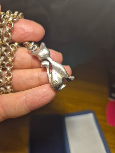 Vintage Stamped Sterling Silver Heavy Elaborate Chain and Cat Pendant
