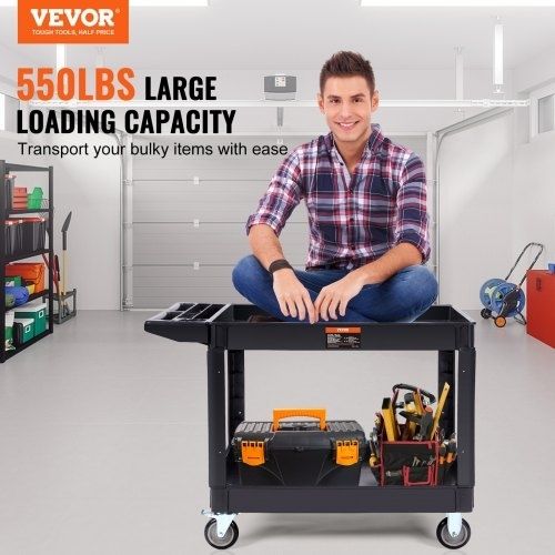Utility Service Cart, 2 Shelf 249.5 kg Heavy Duty Plastic Rolling Utility Cart with 360 Swivel Wheels (2 with Brakes), Large Lipped Shelf, Ergonomic Storage Handle for Warehouse/Garage/Cleaning