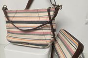 Fossil Striped Canvas &amp; Leather Hobo Bag + Matching Zip Wallet Set