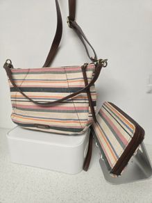 Fossil Striped Canvas & Leather Hobo Bag + Matching Zip Wallet Set