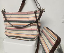 Fossil Striped Canvas & Leather Hobo Bag + Matching Zip Wallet Set