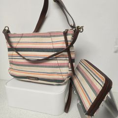 Fossil Striped Canvas & Leather Hobo Bag + Matching Zip Wallet Set