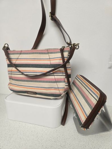 Fossil Striped Canvas & Leather Hobo Bag + Matching Zip Wallet Set