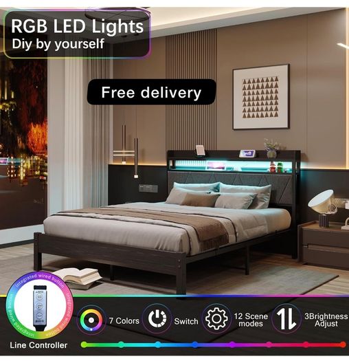 Charging Station,LED Lights, 150x200 cm Heavy Duty Metal Platform Bed Kingsize