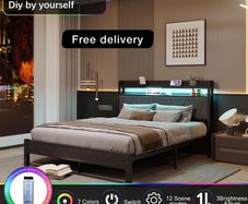Charging Station,LED Lights, 150x200 cm Heavy Duty Metal Platform Bed Kingsize