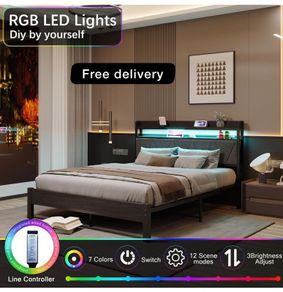 Charging Station,LED Lights, 150x200 cm Heavy Duty Metal Platform Bed Kingsize