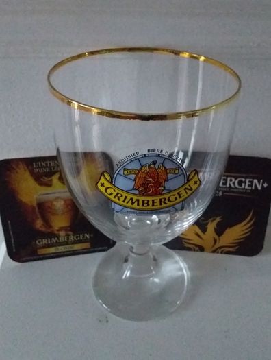 Grimbergen Half Litre , Gold Rimmed Goblet Style , Beer Glass and 2 Beer Mats