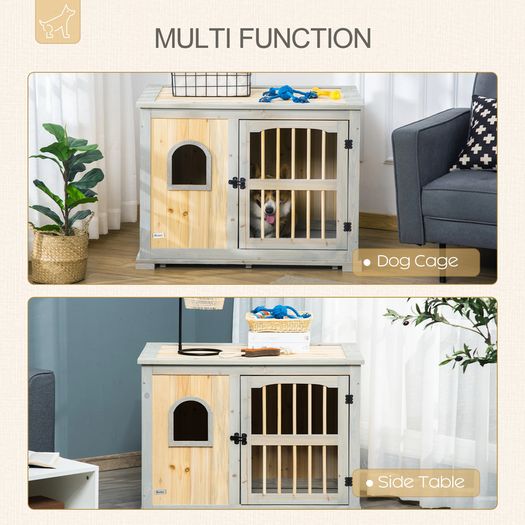 Wooden Dog Crate, Furniture Style Dog Kennel End Table w/ Lockable Door, Window, Grey and Natural