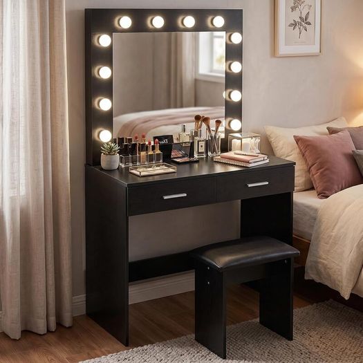 LED Dressing Table Set Vanity Makeup Table 2 Large Drawers (Black White)