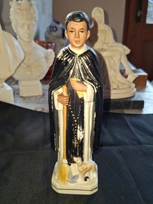 Beautiful Old Statue of  St. Martin de Porres, the Saint holding a broom and a book, accompanied by a Dog and a Dove at his feet, Ideal for Home or Stage Movie Props Postage Available or Collection